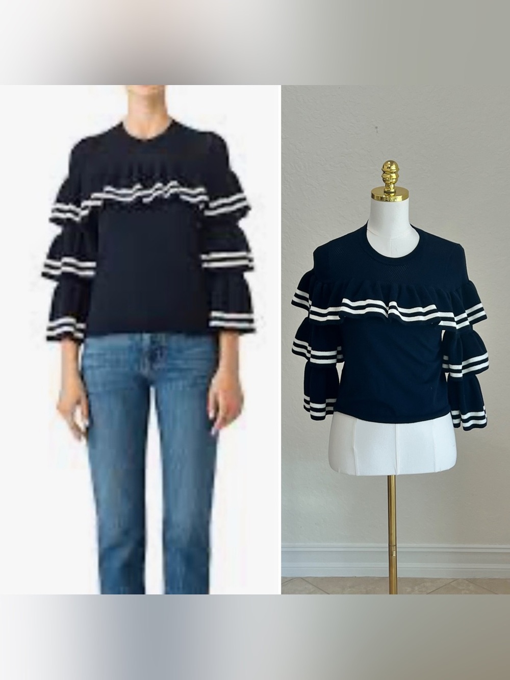 Parker Ruffled Sleeve Navy Top with White Stripes - Women's